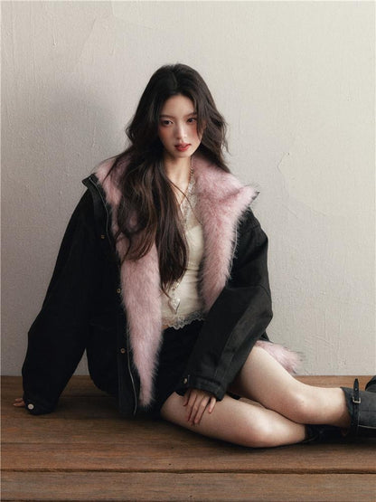1P STUDIO Black Detachable Faux Mink Collar Oversized Women&