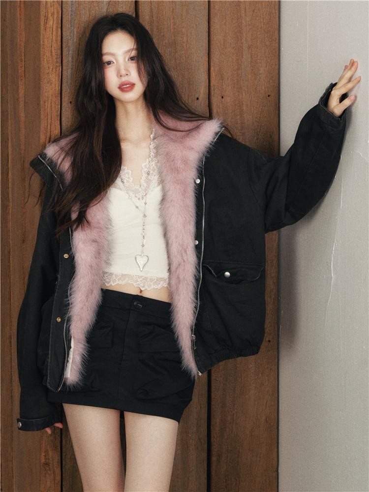 1P STUDIO Black Detachable Faux Mink Collar Oversized Women&