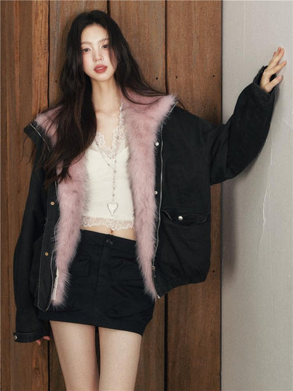 1P STUDIO Black Detachable Faux Mink Collar Oversized Women&
