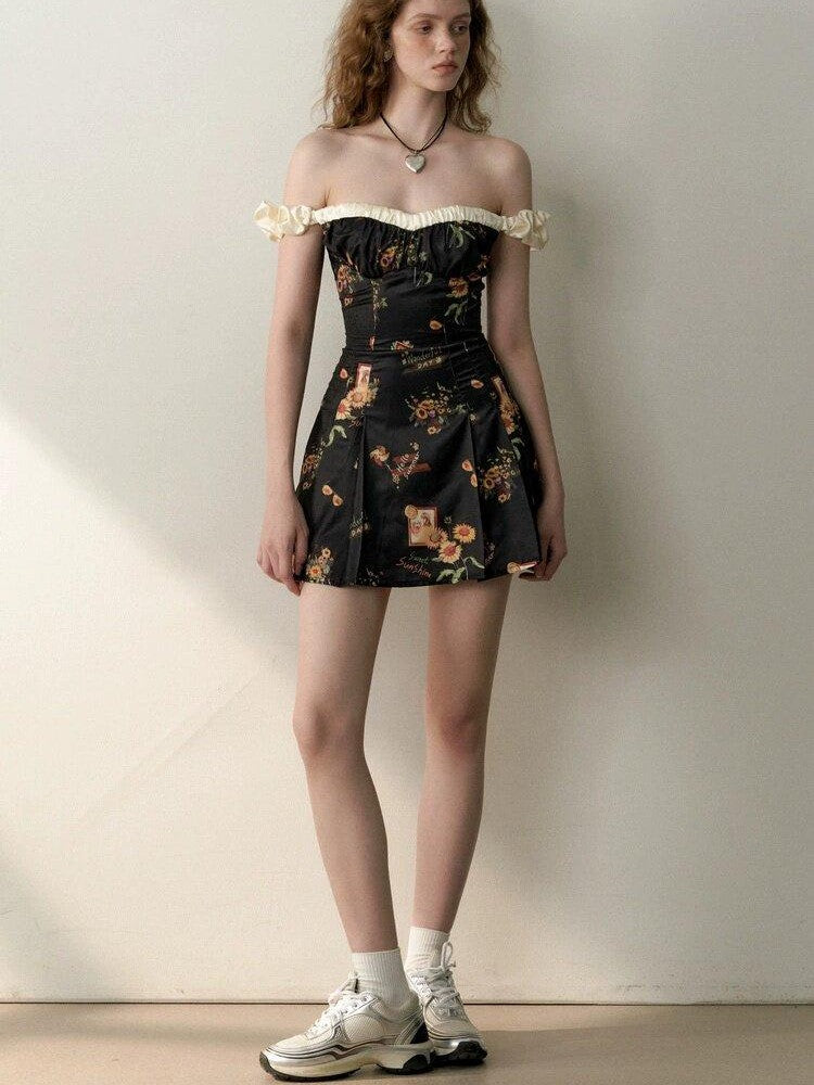 1P STUDIO Black Floral Bustier One Shoulder Women&