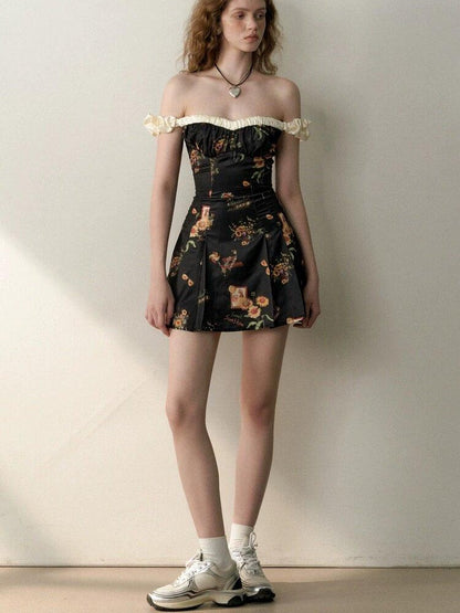 1P STUDIO Black Floral Bustier One Shoulder Women&