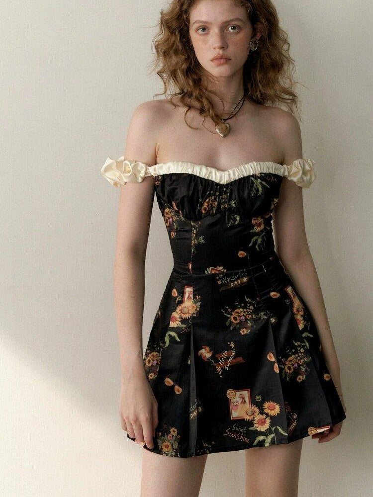 1P STUDIO Black Floral Bustier One Shoulder Women&