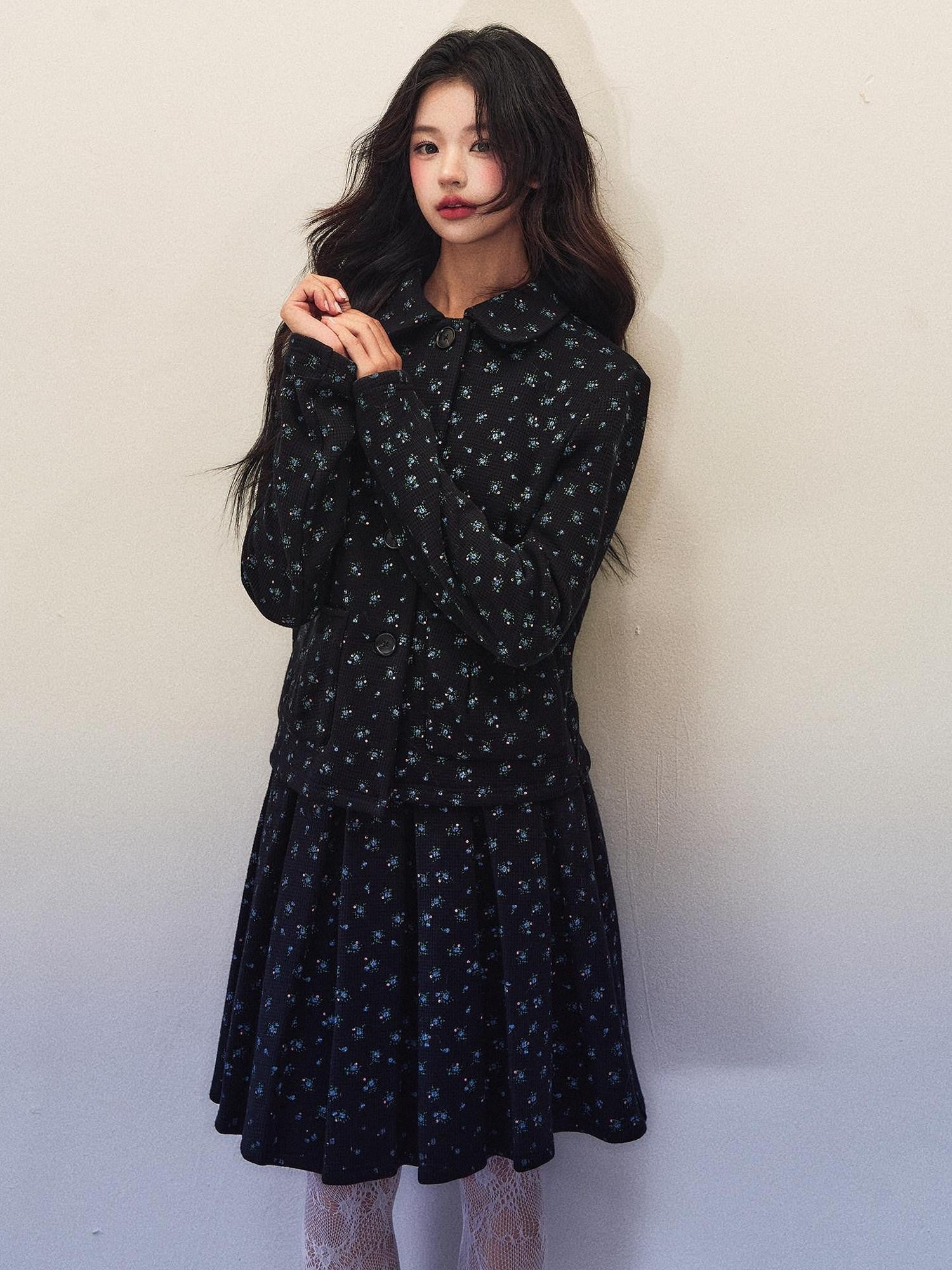 1P STUDIO Black Floral Waffle Fleece Jacket Box Pleat Skirt Women&