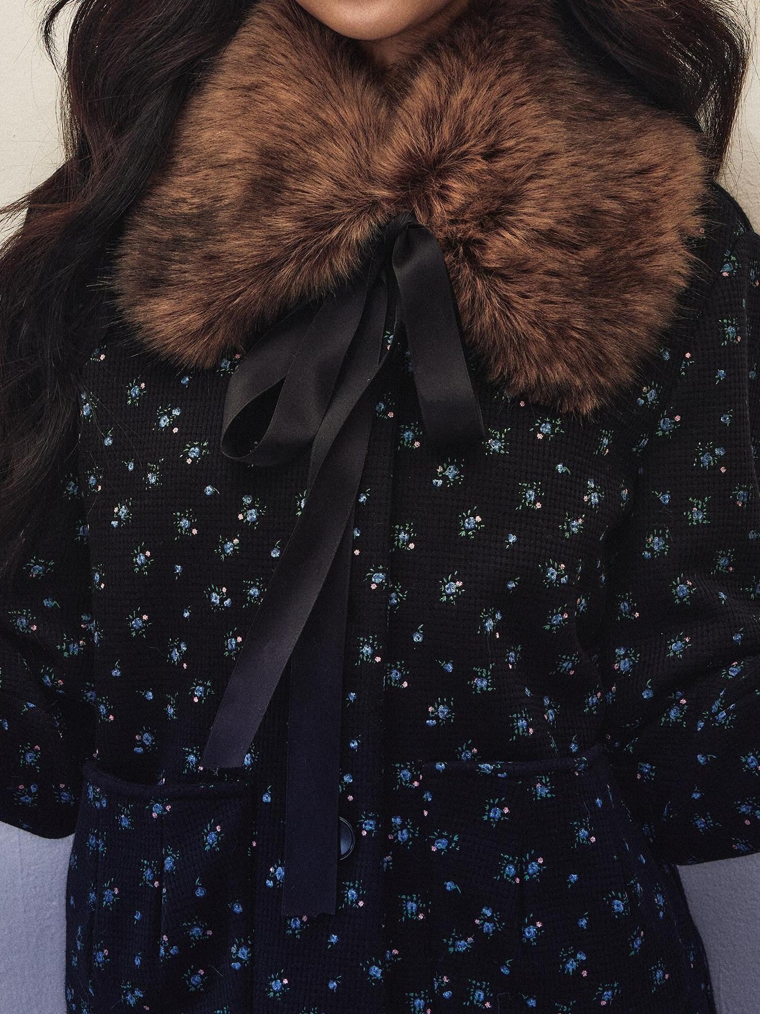 1P STUDIO Black Floral Waffle Fleece Jacket Box Pleat Skirt Women&