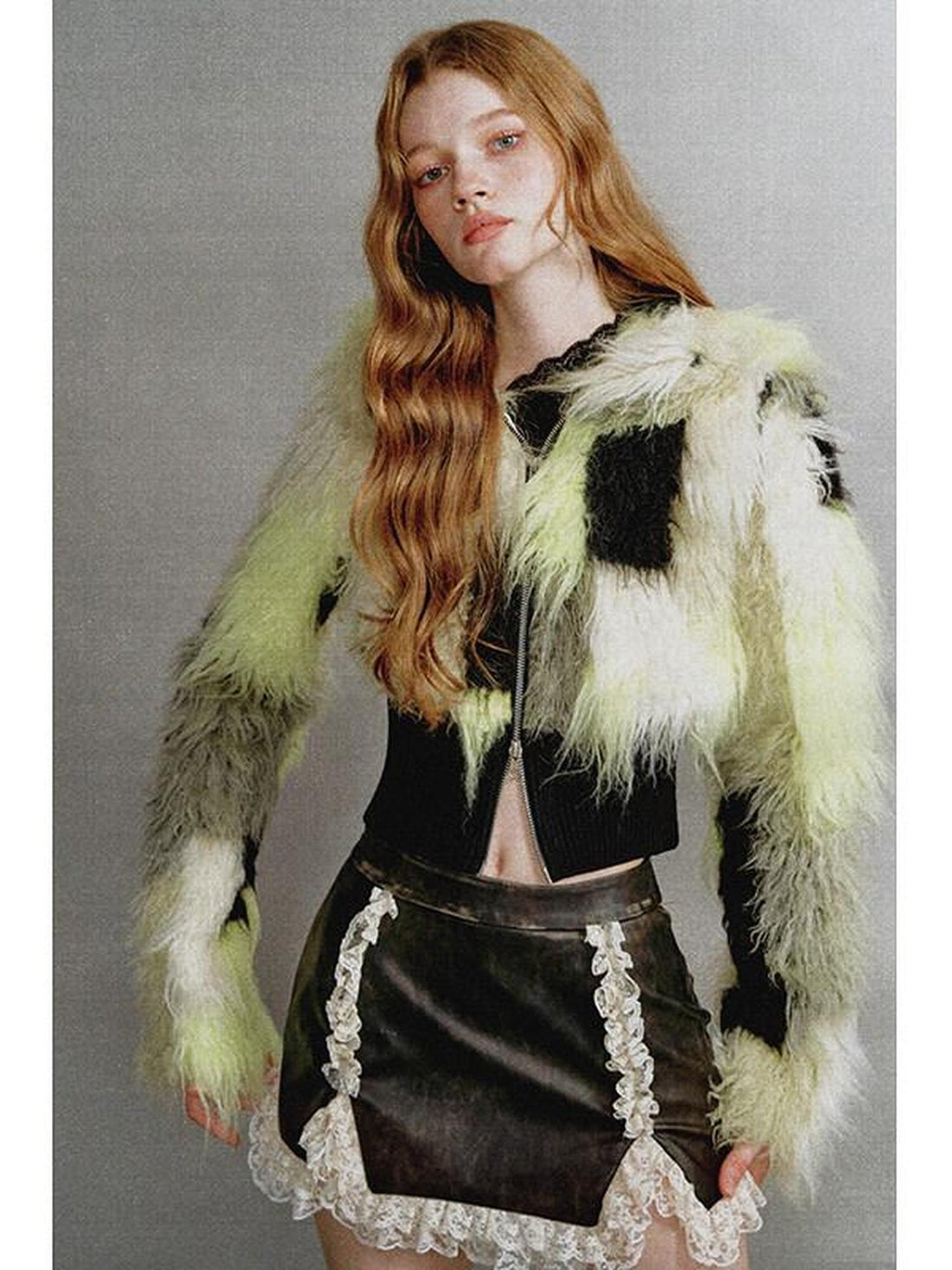 1P STUDIO Black Green Colorblock Patchwork Lapel Women&