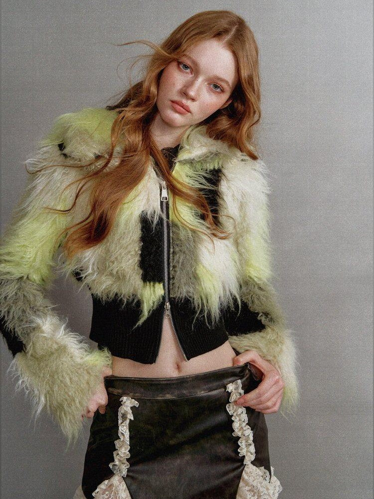 1P STUDIO Black Green Colorblock Patchwork Lapel Women&