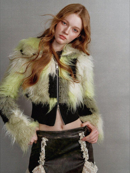 1P STUDIO Black Green Colorblock Patchwork Lapel Women&