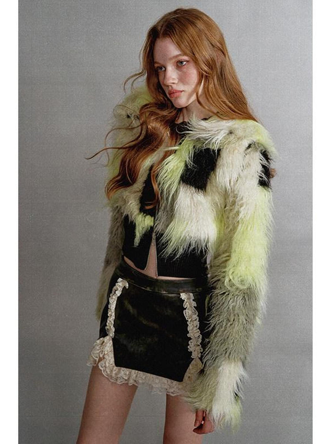 1P STUDIO Black Green Colorblock Patchwork Lapel Women&