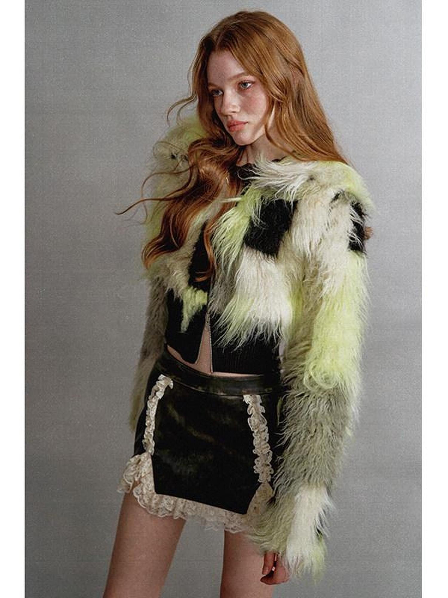 1P STUDIO Black Green Colorblock Patchwork Lapel Women&