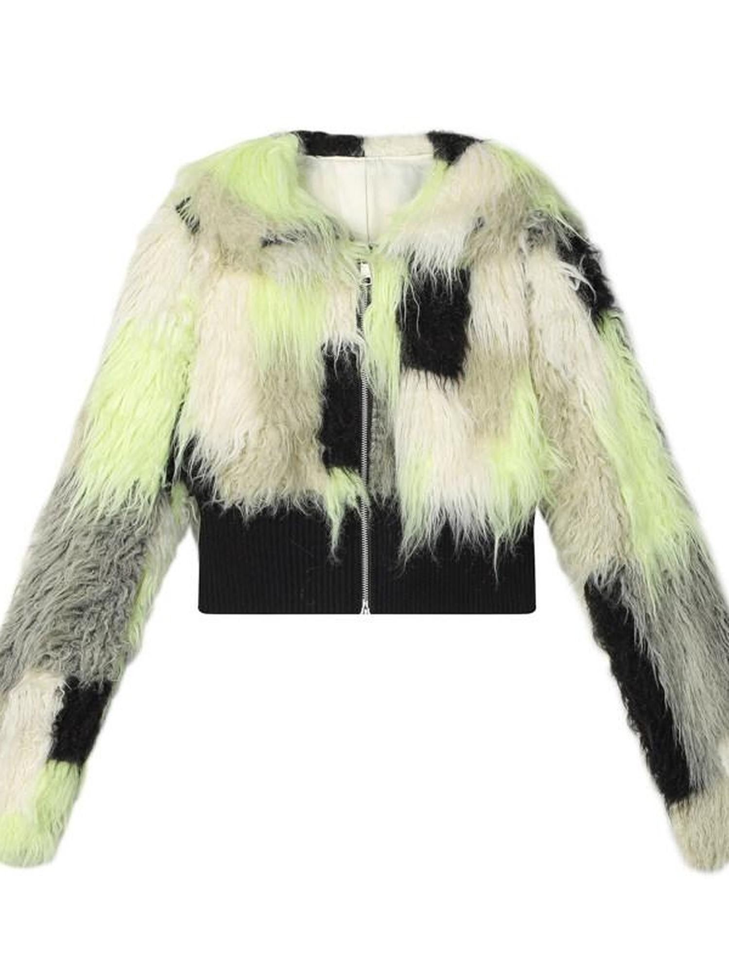 1P STUDIO Black Green Colorblock Patchwork Lapel Women&