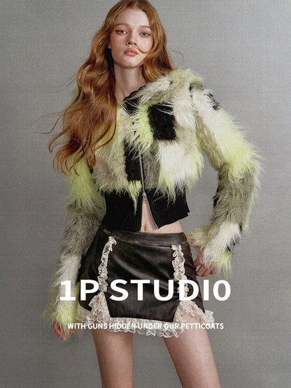 1P STUDIO Black Green Colorblock Patchwork Lapel Women&