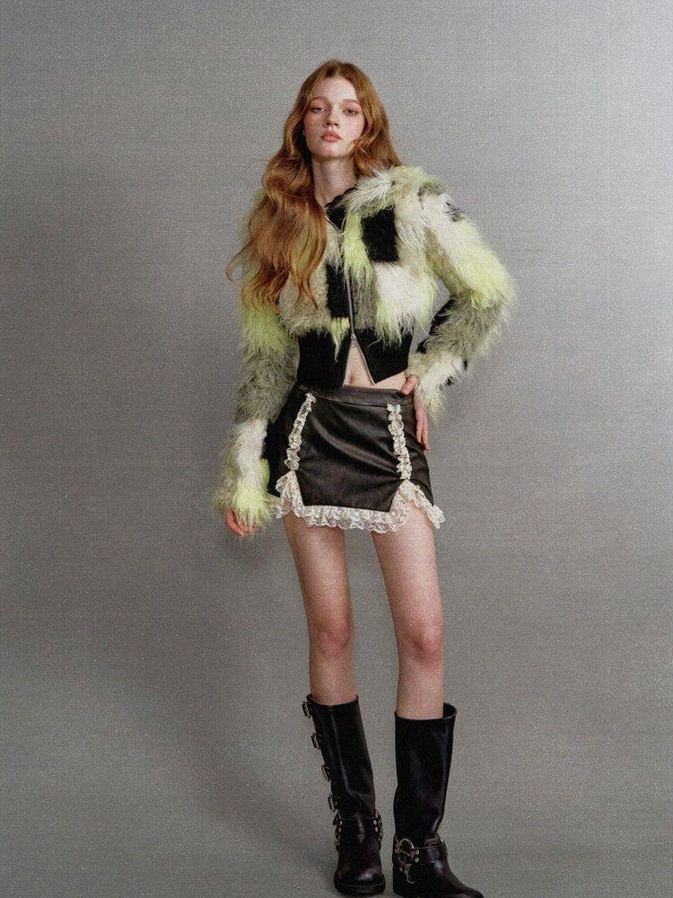1P STUDIO Black Green Colorblock Patchwork Lapel Women&