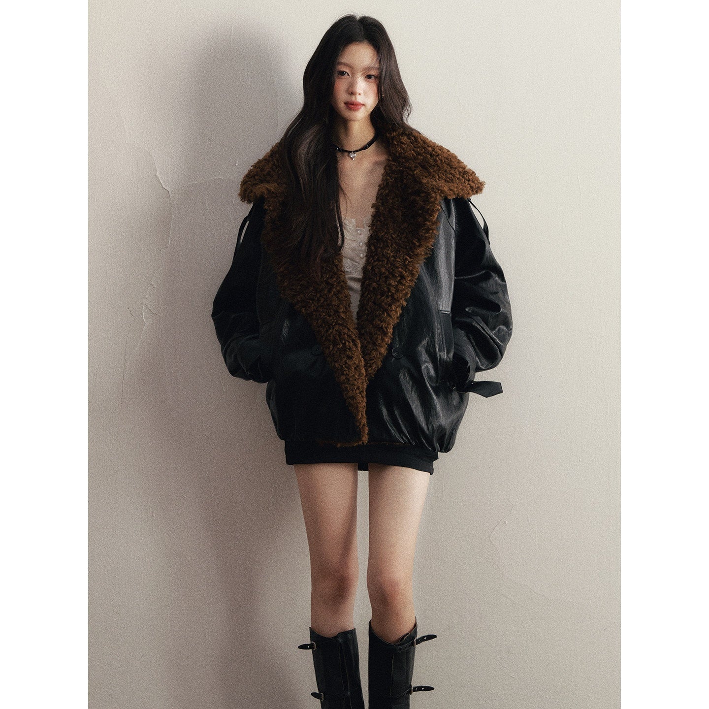 1P_STUDIO_Black_High_Gloss_Curled_Oversized_Lapel_Padded_Zipper_Women&