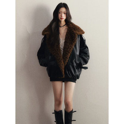 1P_STUDIO_Black_High_Gloss_Curled_Oversized_Lapel_Padded_Zipper_Women&