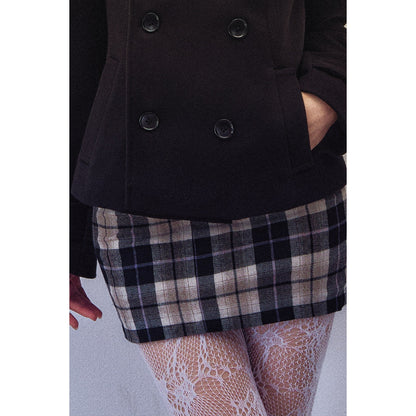 1P_STUDIO_Black_Large_Lapel_Double_Breasted_Plaid_Short_Coat_Women&