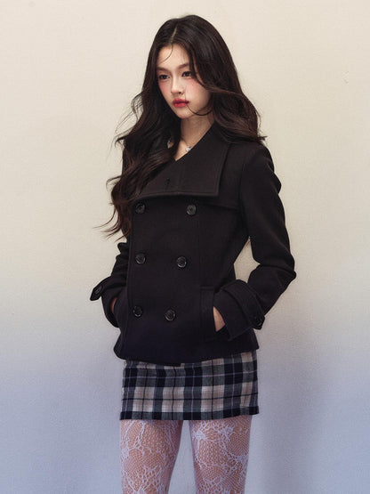 1P STUDIO Black Large Lapel Double Breasted Plaid Short Coat Women&