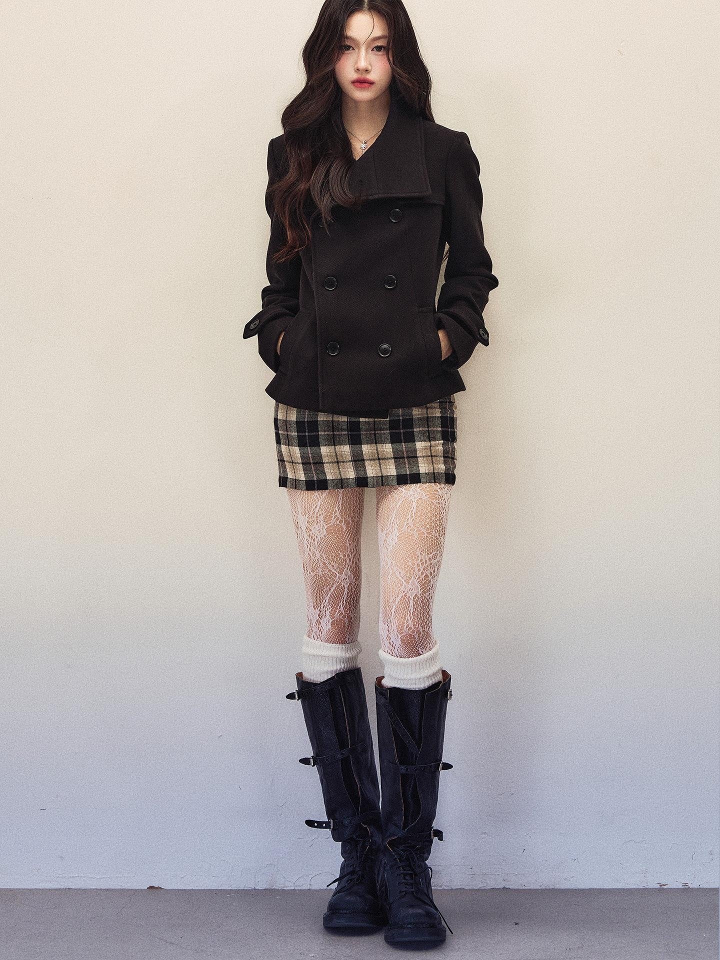 1P STUDIO Black Large Lapel Double Breasted Plaid Short Coat Women&