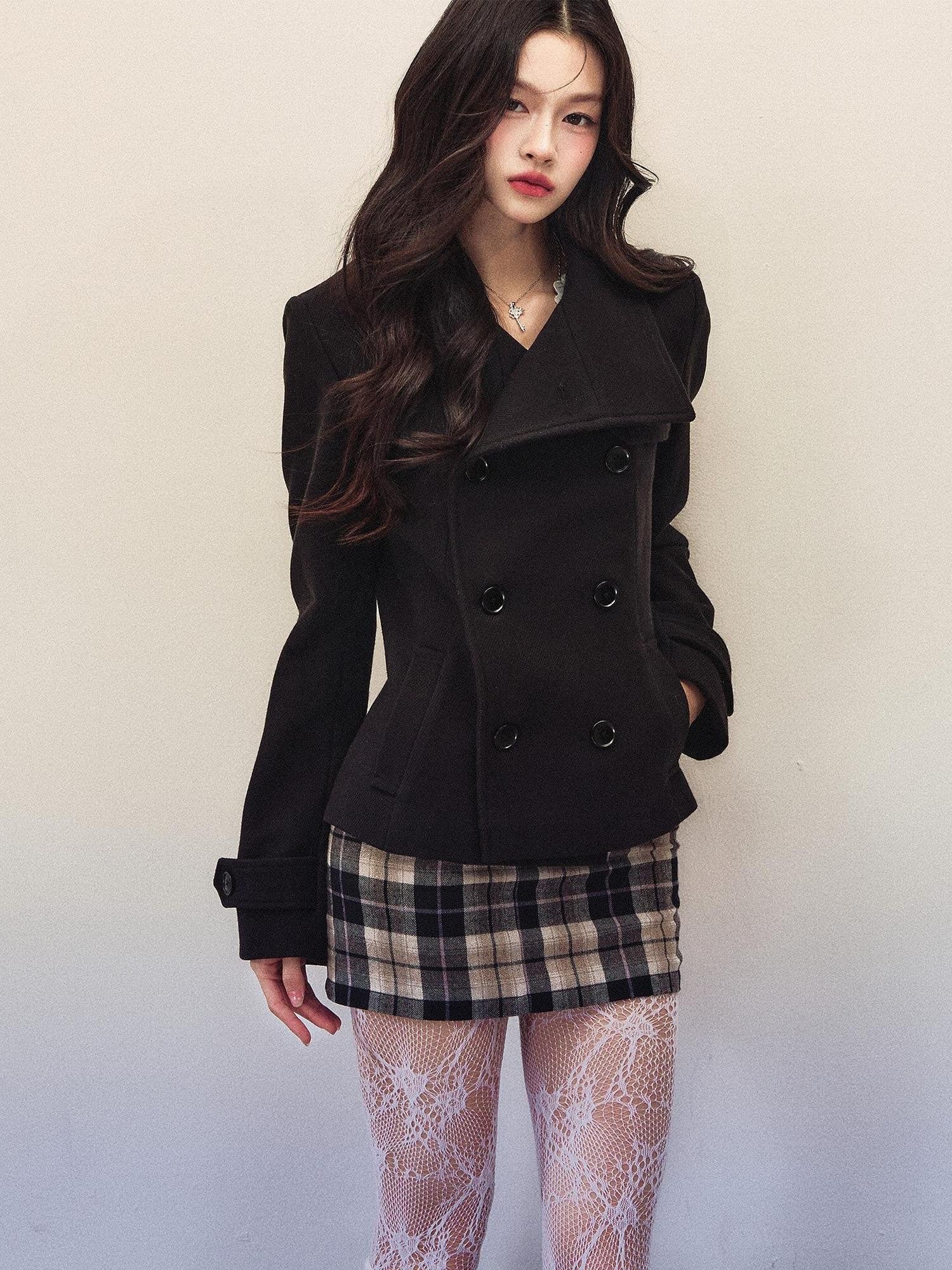 1P STUDIO Black Large Lapel Double Breasted Plaid Short Coat Women&