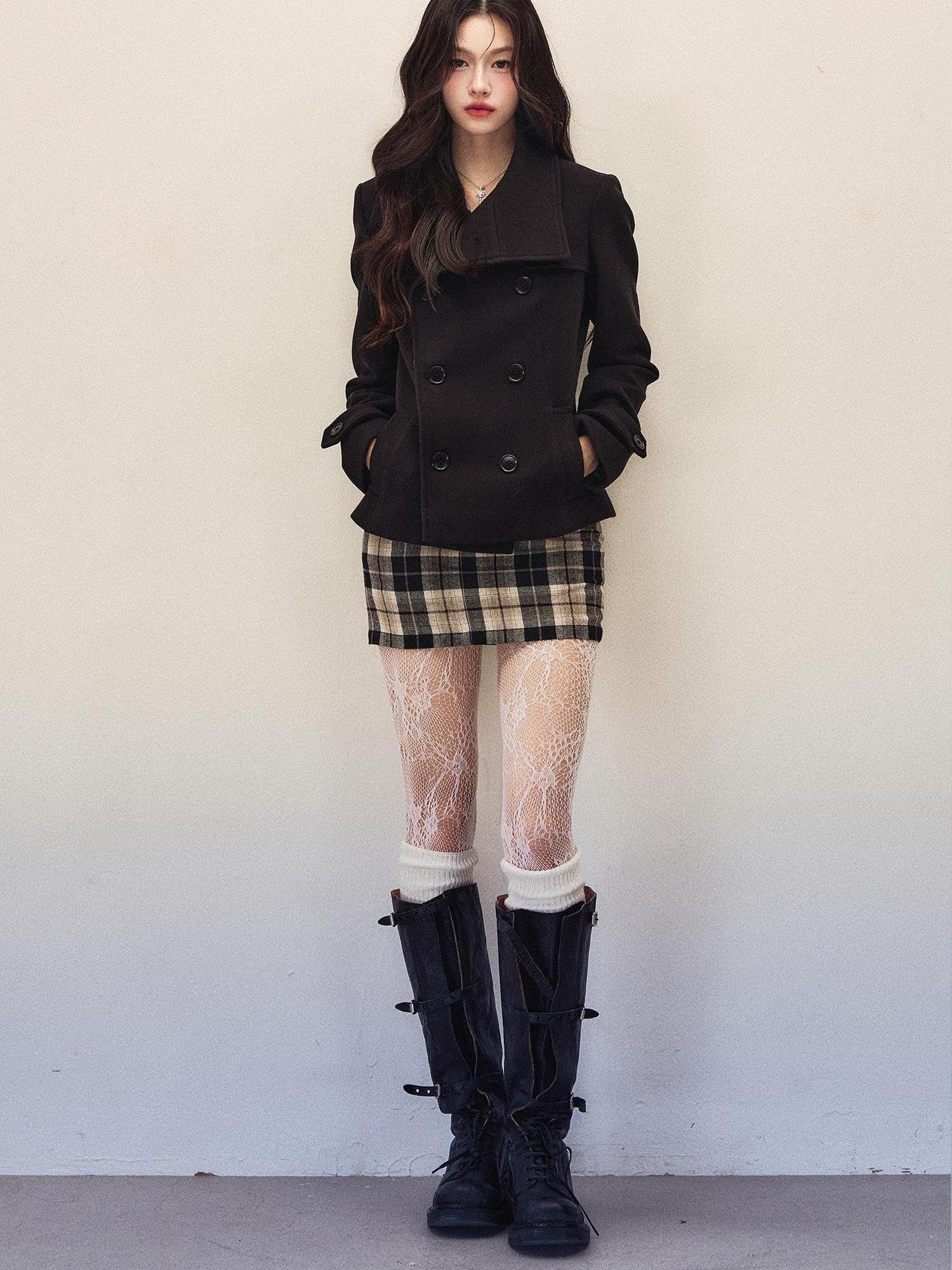 1P STUDIO Black Large Lapel Double Breasted Plaid Short Coat Women&