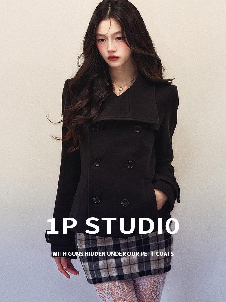 1P STUDIO Black Large Lapel Double Breasted Plaid Short Coat Women&