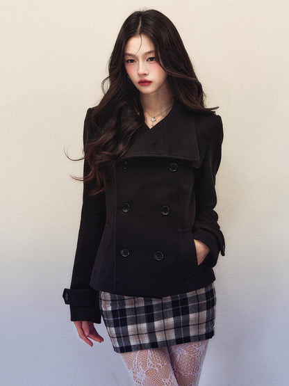 1P STUDIO Black Large Lapel Double Breasted Plaid Short Coat Women&