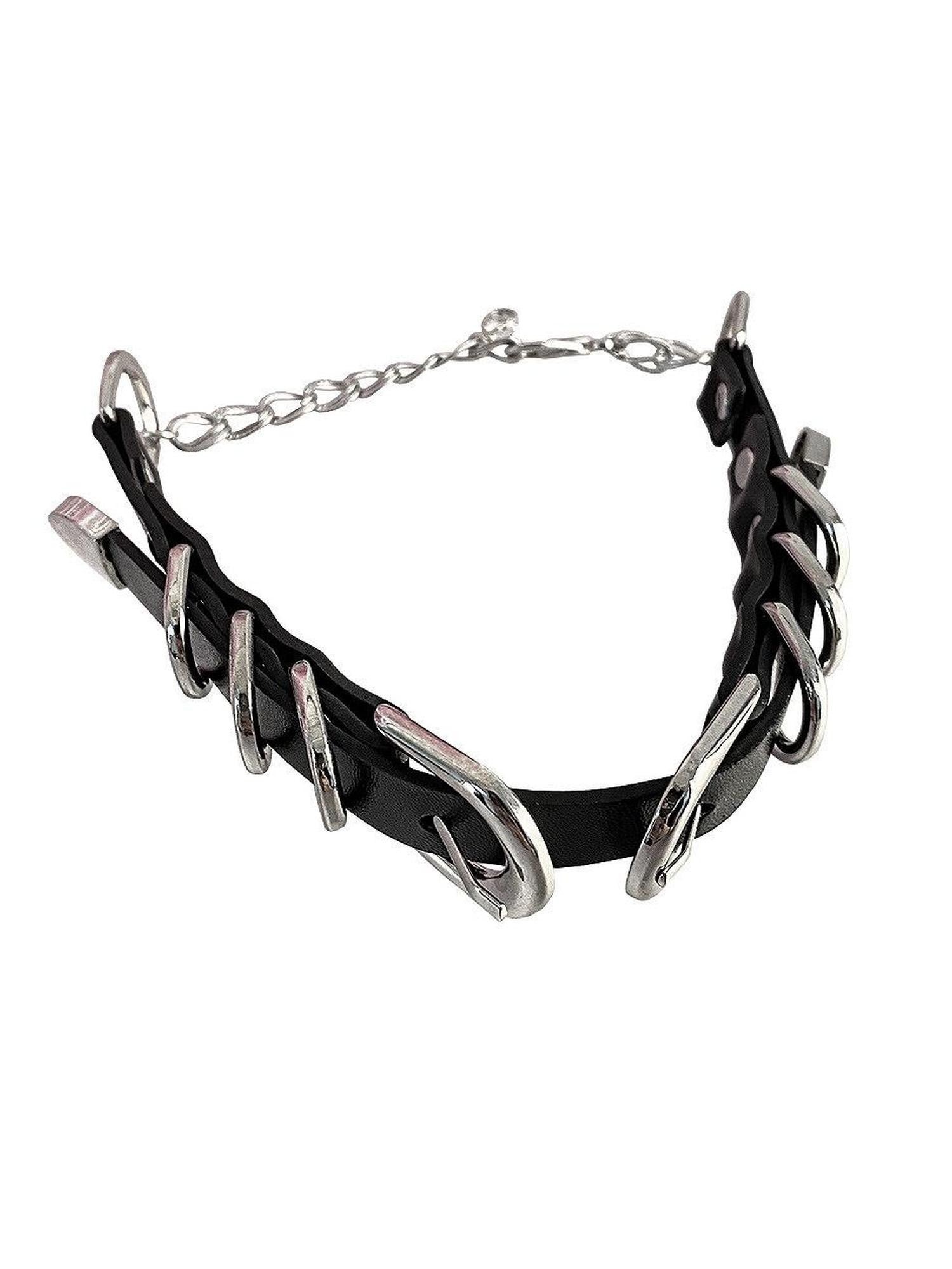 1P STUDIO Black Layered Circular Rings Double Buckle Belt Women&