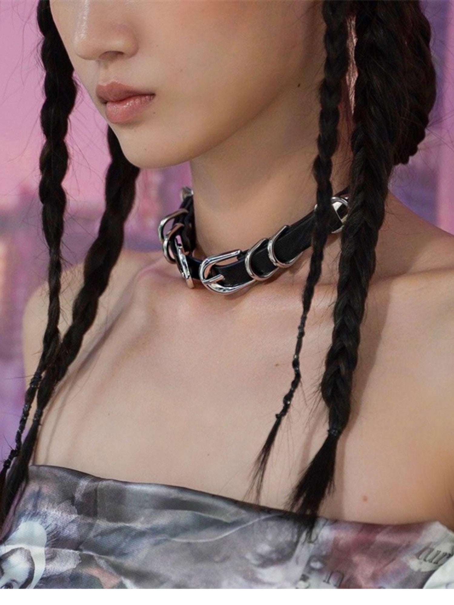 1P STUDIO Black Layered Circular Rings Double Buckle Belt Women&
