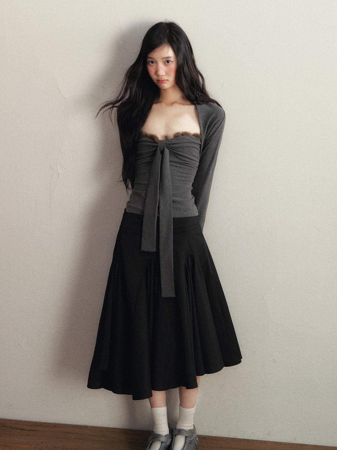 1P STUDIO Black Pleated Asymmetrical Panel Elastic Waist Women&
