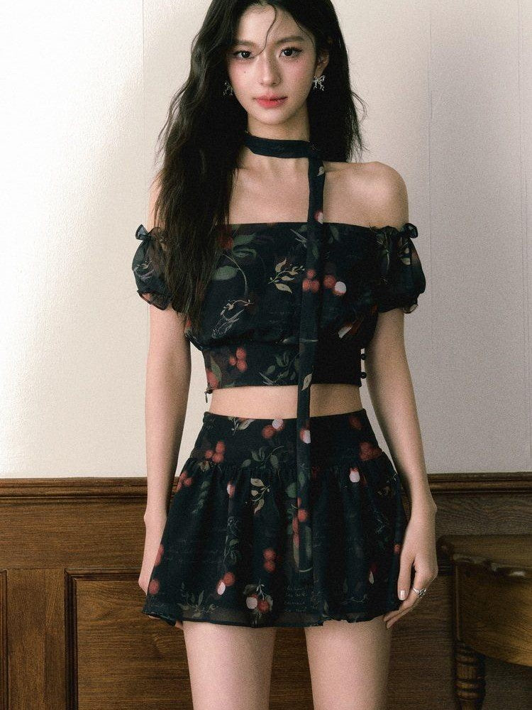 1P STUDIO Black Red Lychee Floral Off Shoulder Women&
