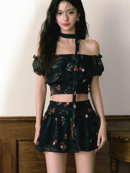 1P STUDIO Black Red Lychee Floral Off Shoulder Women&