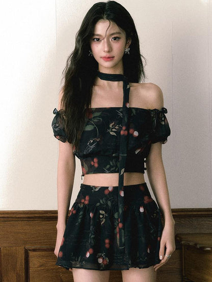 1P STUDIO Black Red Lychee Floral Off Shoulder Women&