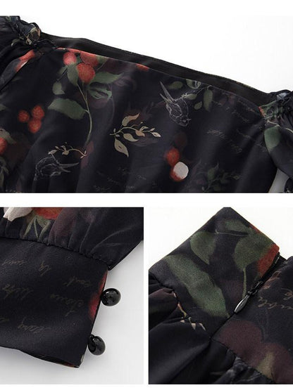 1P STUDIO Black Red Lychee Floral Off Shoulder Women&