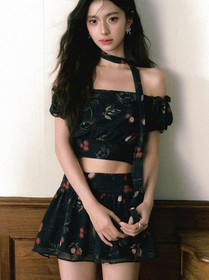 1P STUDIO Black Red Lychee Floral Off Shoulder Women&