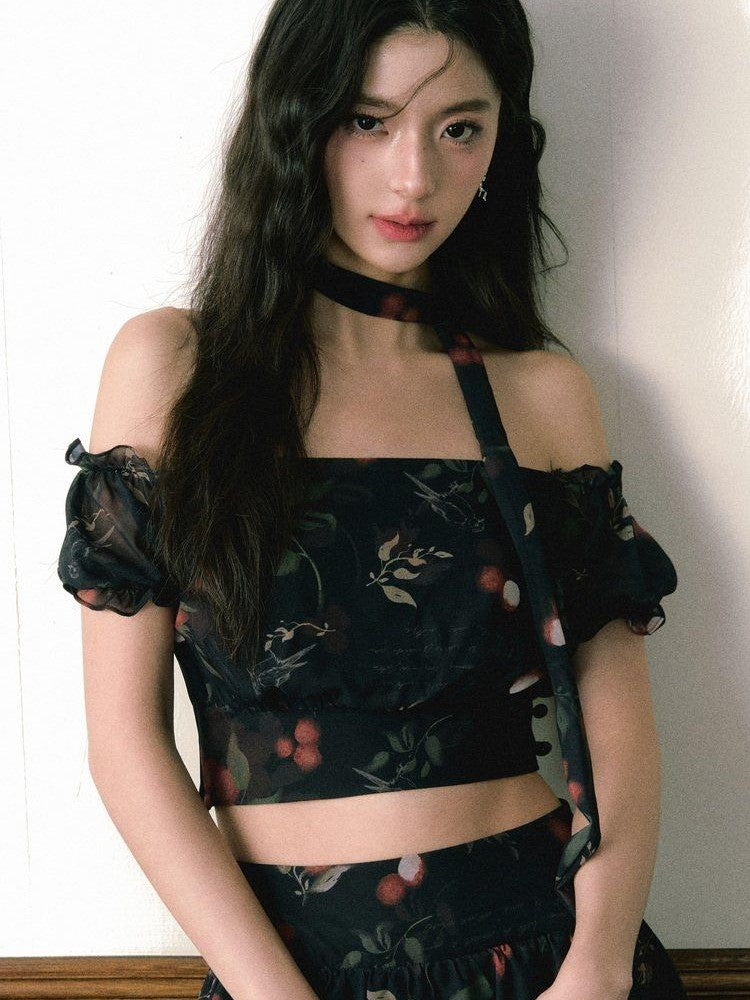 1P STUDIO Black Red Lychee Floral Off Shoulder Women&