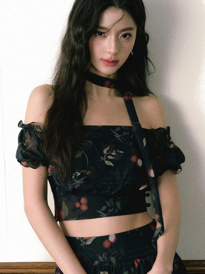 1P STUDIO Black Red Lychee Floral Off Shoulder Women&