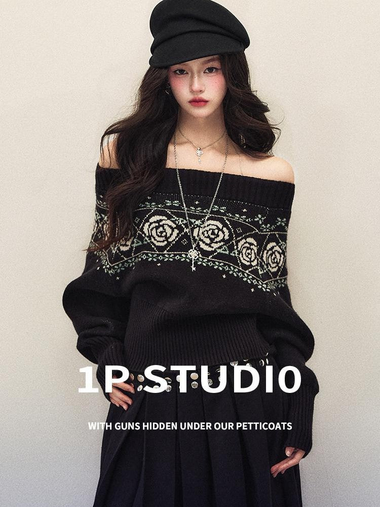 1P STUDIO Black Rose Jacquard Loose Women&