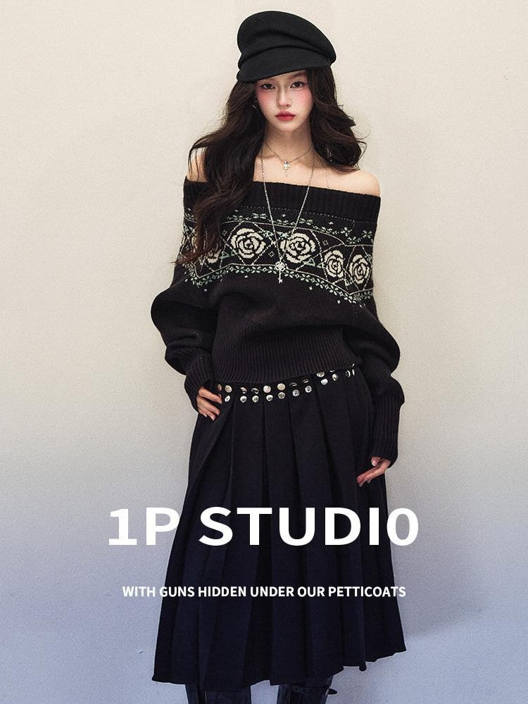 1P STUDIO Black Twill Pleated Low Waist Women&