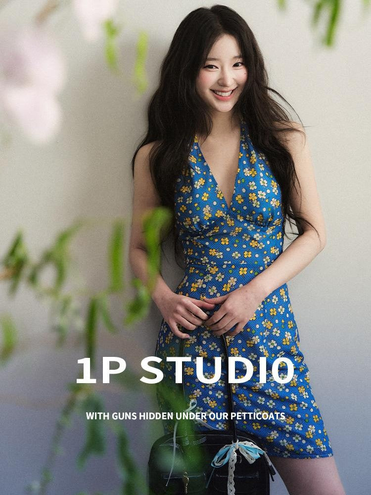 1P STUDIO Blue Floral V-neck Bodycon Waist Cinch Women&