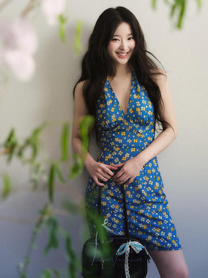 1P STUDIO Blue Floral V-neck Bodycon Waist Cinch Women&