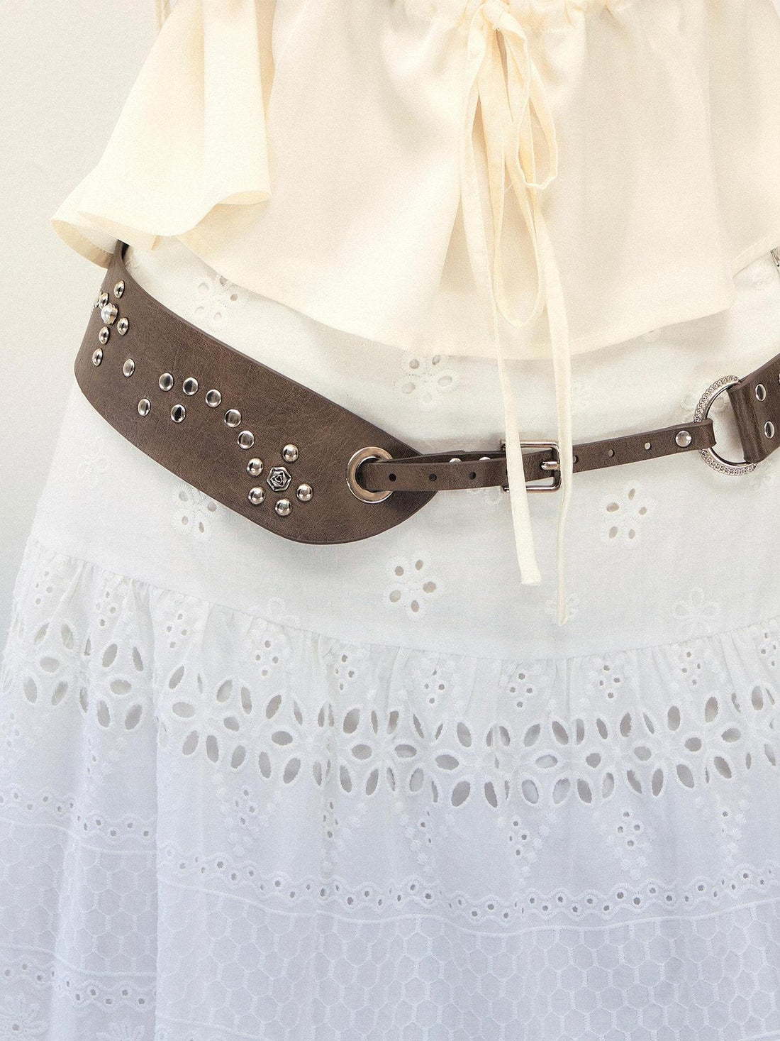 1P STUDIO Brown Asymmetric Riveted Beaded Wide Women&