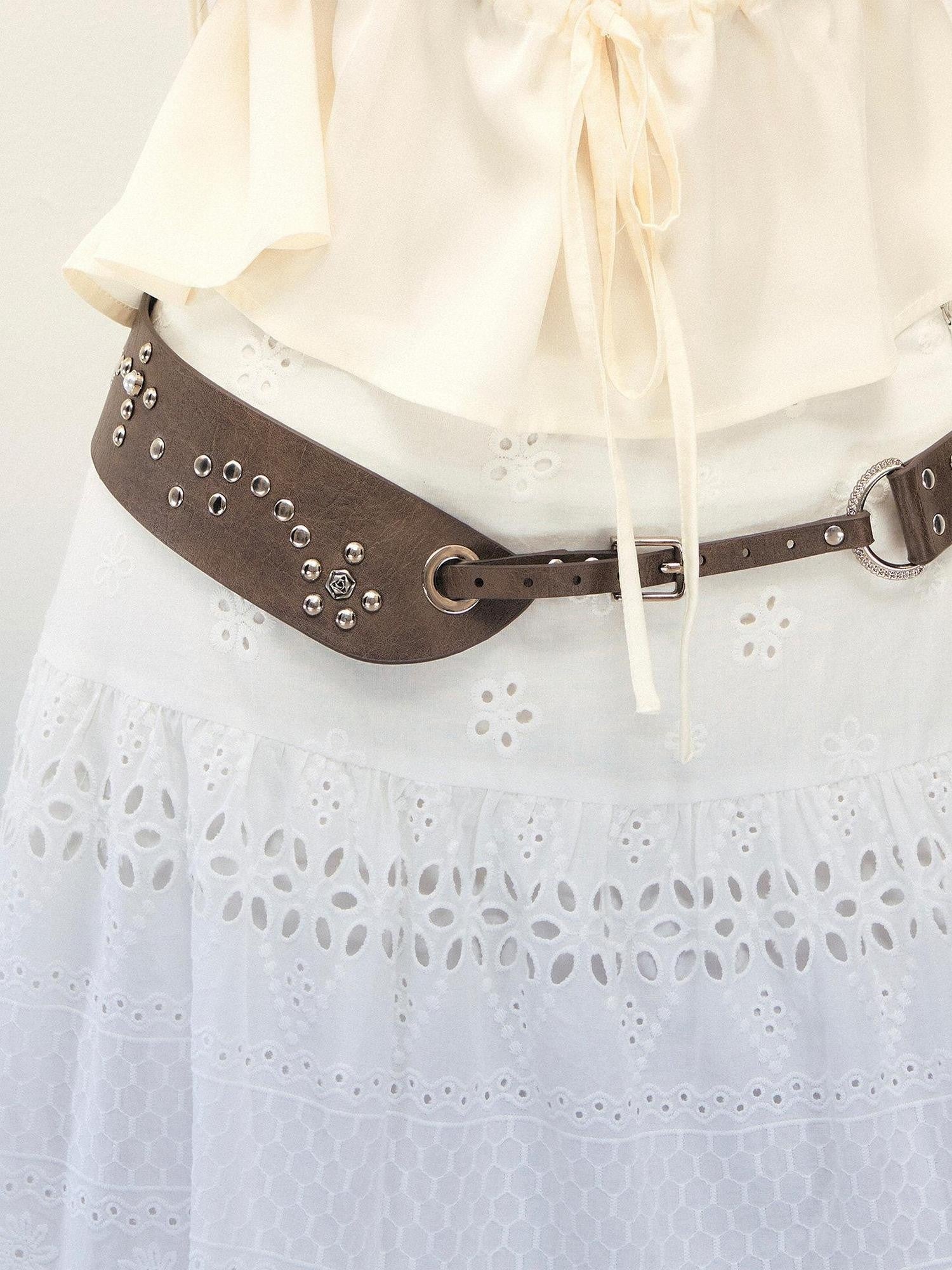 1P STUDIO Brown Asymmetric Riveted Beaded Wide Women&