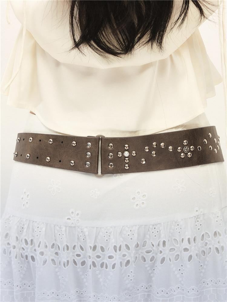 1P STUDIO Brown Asymmetric Riveted Beaded Wide Women&