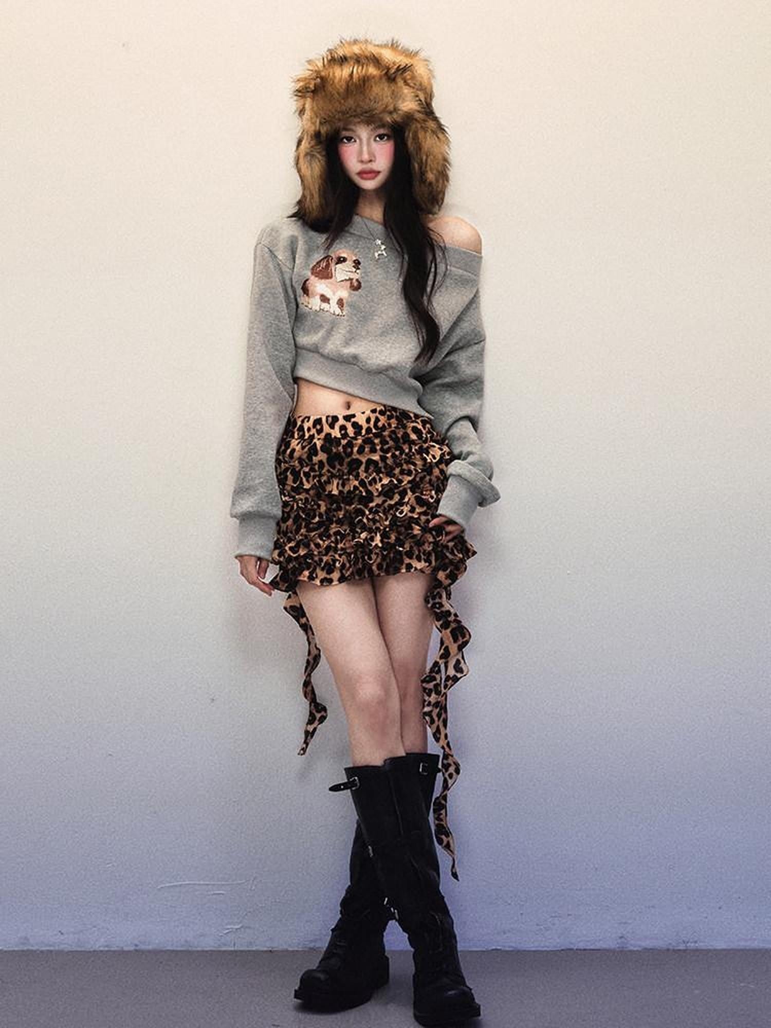 1P STUDIO Brown Black Leopard Print Ruffle Hem Ribbon Tie Asymmetric Women&