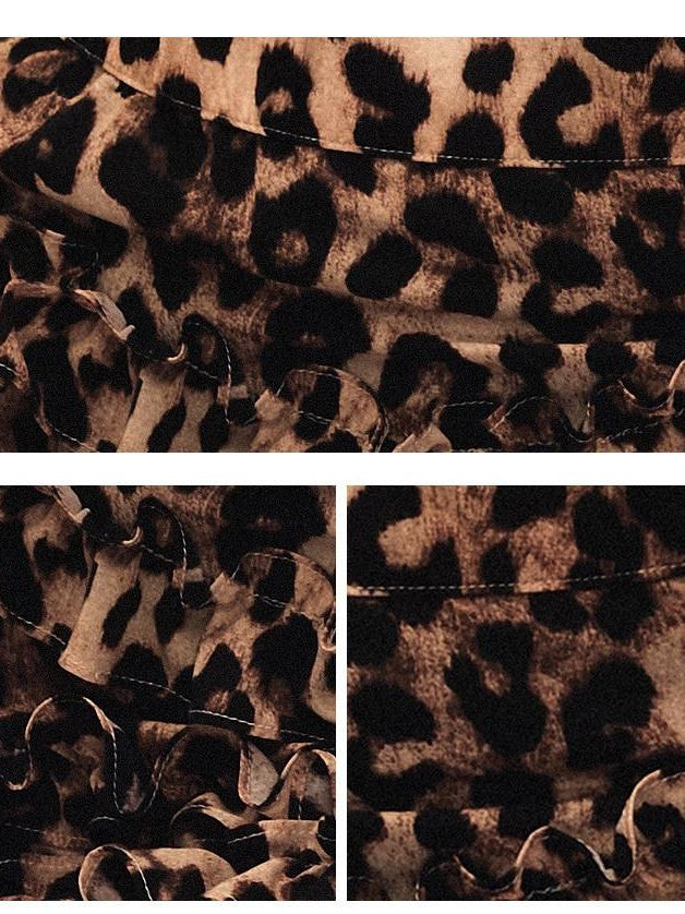 1P STUDIO Brown Black Leopard Print Ruffle Hem Ribbon Tie Asymmetric Women&