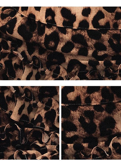 1P STUDIO Brown Black Leopard Print Ruffle Hem Ribbon Tie Asymmetric Women&