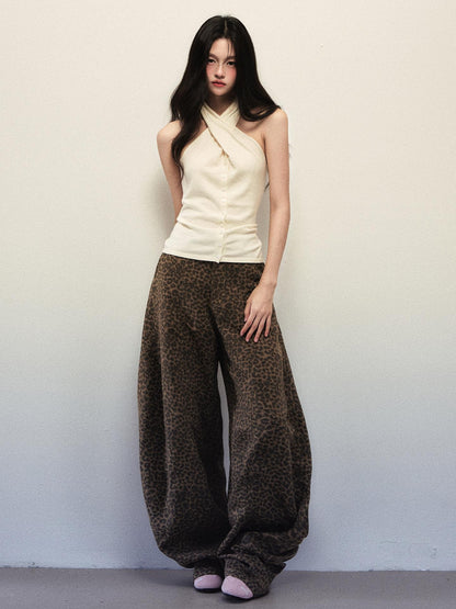 1P STUDIO Brown Leopard Print High Waist Loose Women&