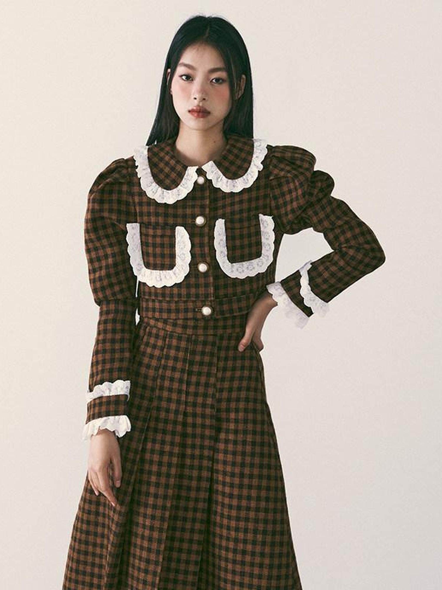 1P STUDIO Brown Plaid Lace Trim Women&