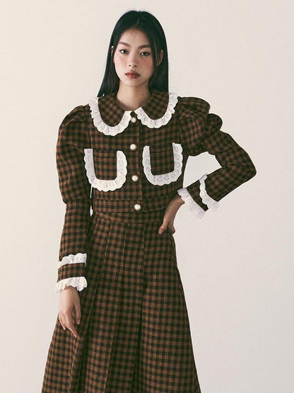 1P STUDIO Brown Plaid Lace Trim Women&