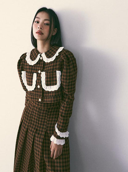 1P STUDIO Brown Plaid Lace Trim Women&