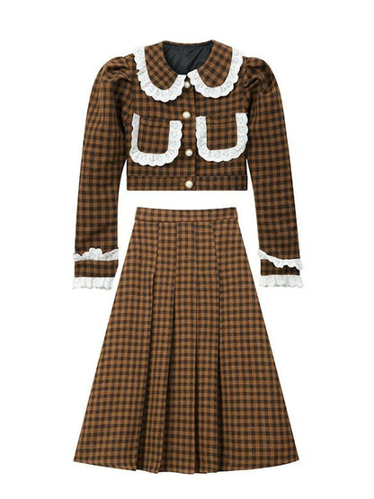 1P STUDIO Brown Plaid Lace Trim Women&